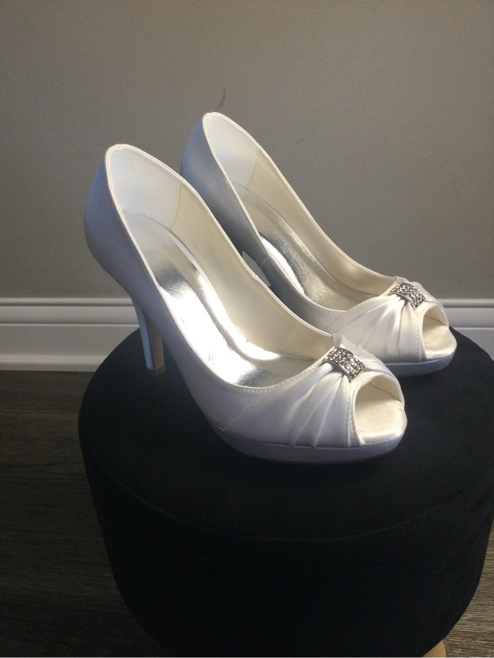 White Satin Peep-Toe Heels with Crystal Accent